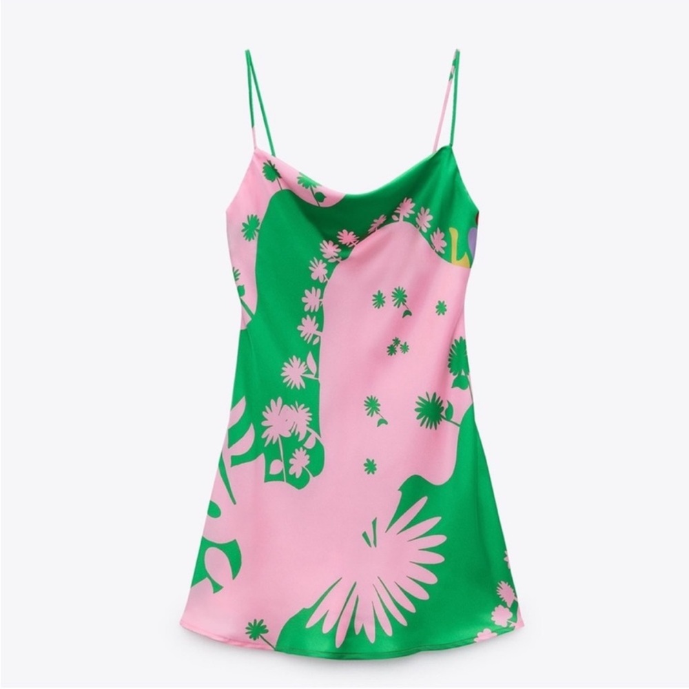 Zara Pink and Green Floral Mini Dress